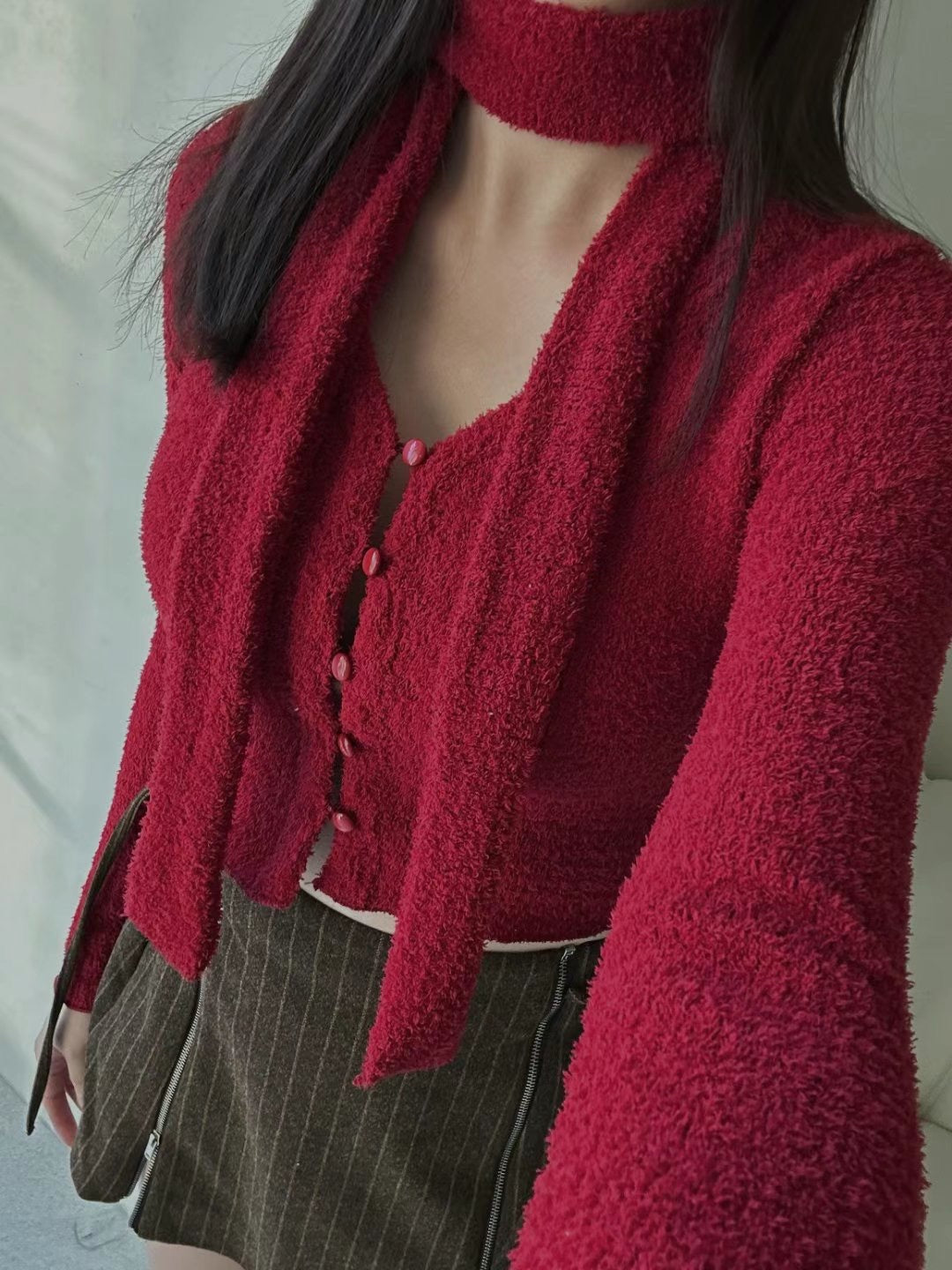 [ 親膚毛絨鈕扣 top ] Coral Button Up Top (with skinny scarf) - 3 colours