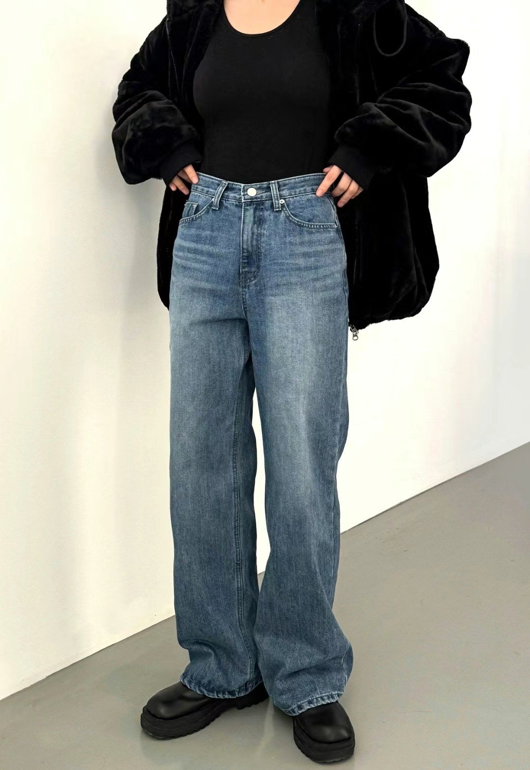 [ 毛毛牛仔褲! 不限身型 高腰直筒 復古色 tone ] Toasty High-waist Wide Leg Jeans