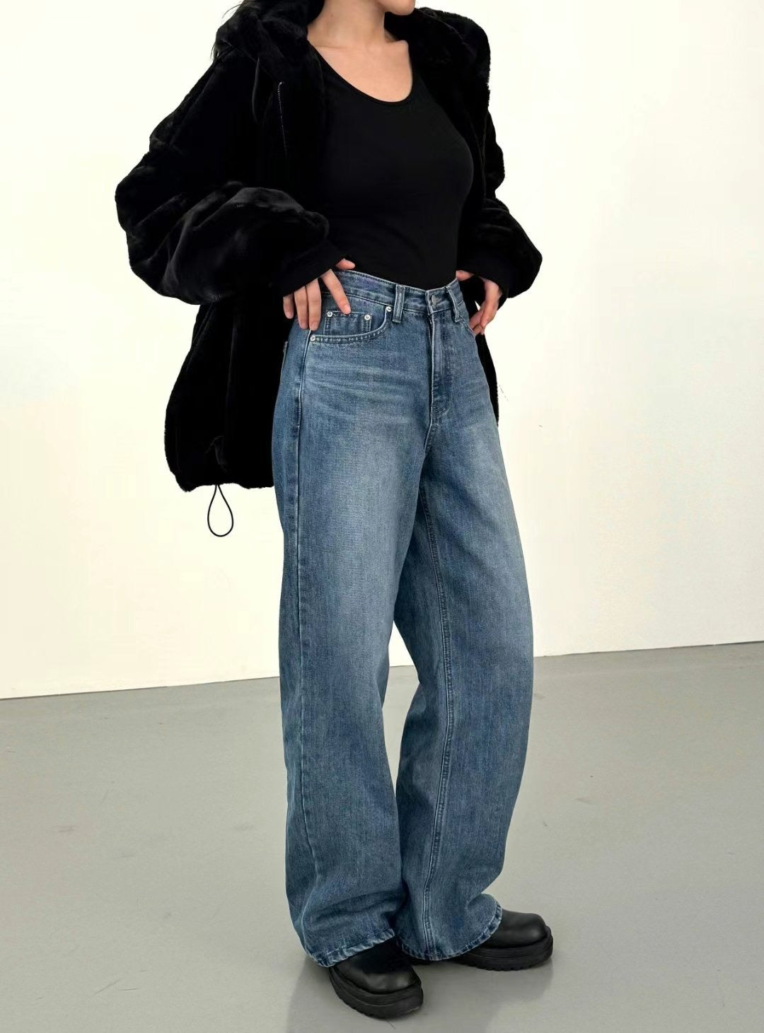 [ 毛毛牛仔褲! 不限身型 高腰直筒 復古色 tone ] Toasty High-waist Wide Leg Jeans