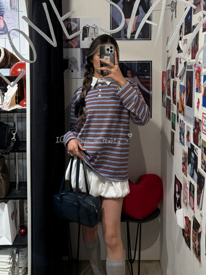 [ 🆕 今季流行色! 歐美 pinterest style ] Blueberry Muffin Stripes Long Sleeves Polo