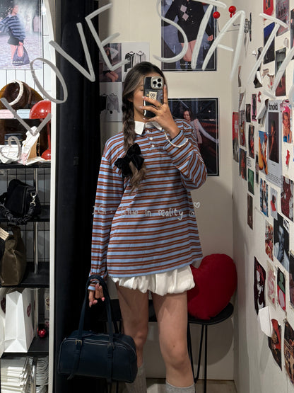 [ 🆕 今季流行色! 歐美 pinterest style ] Blueberry Muffin Stripes Long Sleeves Polo