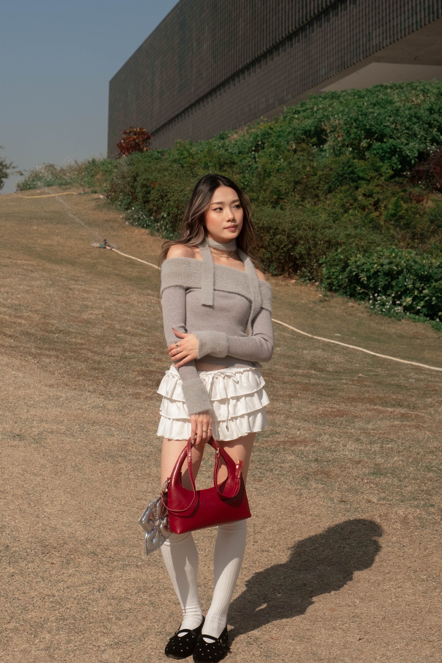 [ 可愛又小性感~ 毛毛一字膊 ] Little Bun Fluffy Off Shoulder Top + Skinny Scarf - 2 colours