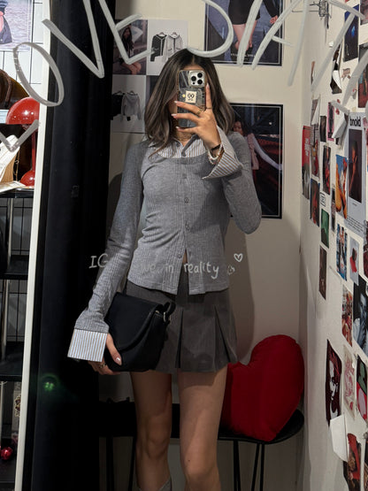 [ 🆕 假兩件氣質shirt sweater ] Blue Brown Shirt Sweater