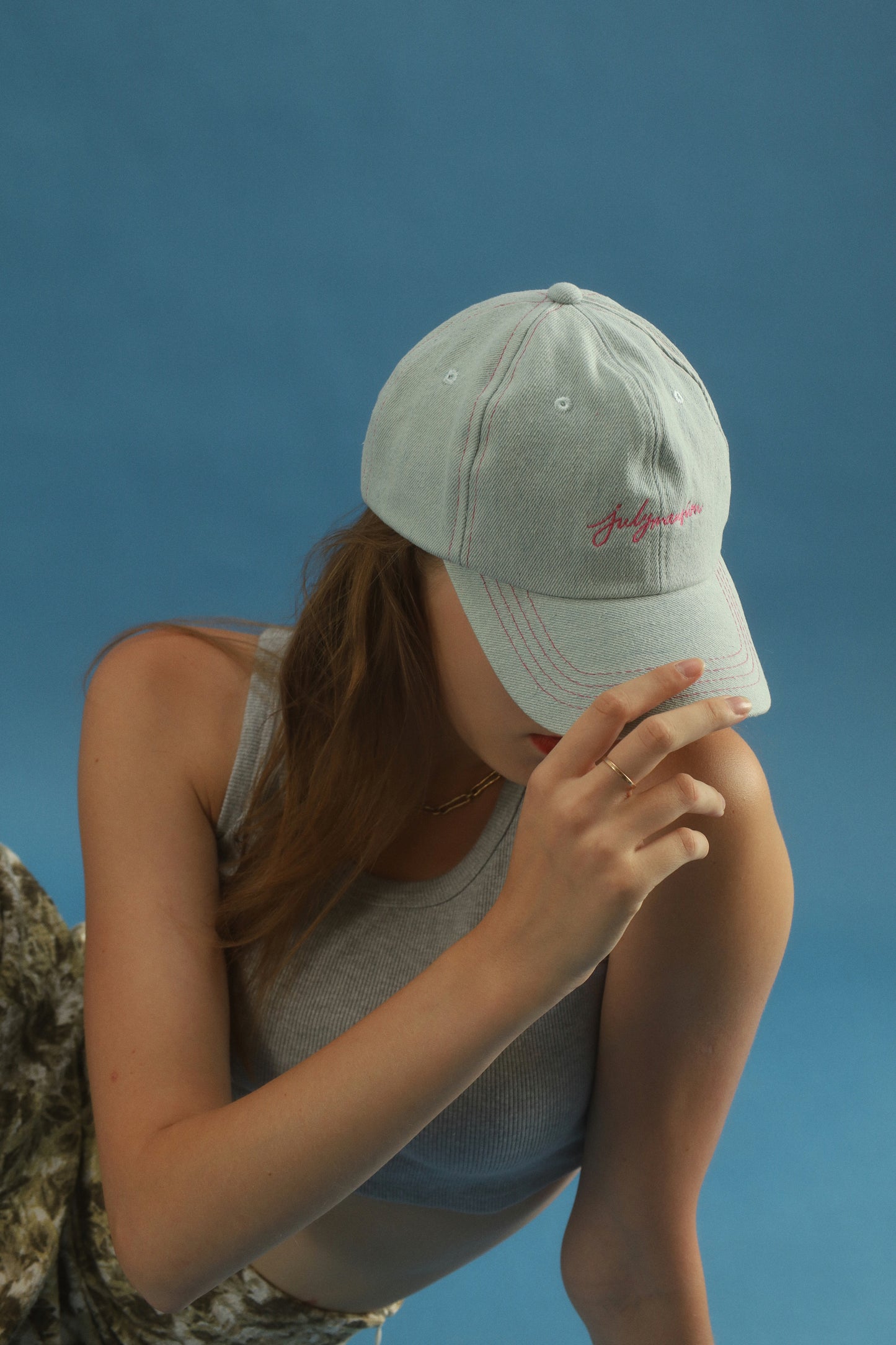 July Mansion - TJM Handwritten Cap in Pink/Light Denim