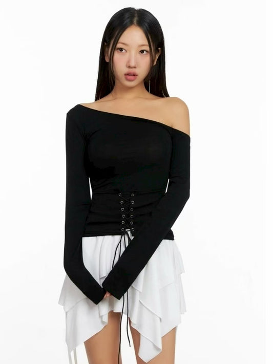 [ 🆕 設計感up! 🩰 綁帶斜膊薄 top ] Girdle Belt Top - 3 colours