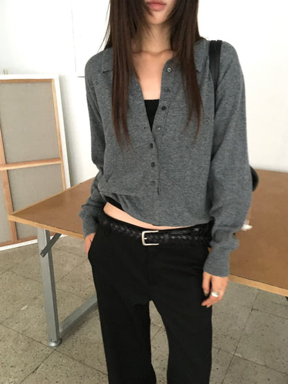 Collared Button-Front Fine Knit Sweater - 4 colours