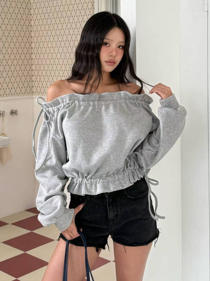 [ 🆕 漲卜卜 puffy 綁帶一字膊 ] Puffy Daily Off-shoulder Sweatshirt - 2 colours
