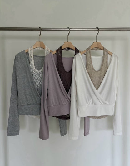 Lace-Trim Layered Wrap Top - 3 colours