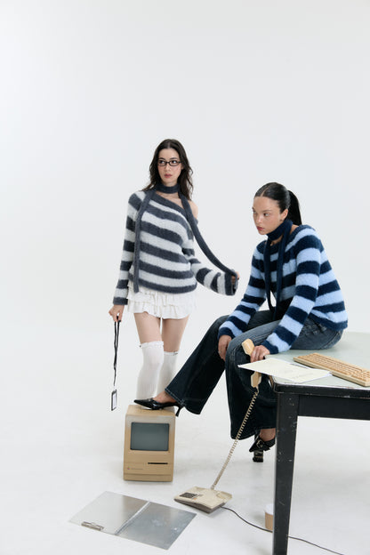 Luv Dept / Fluffy Stripes Sweater with Skinny Scarf - Blue