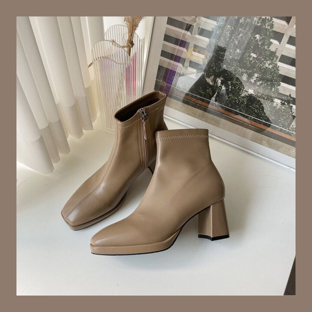 Glassy High Heel Ankle Boots - Beige