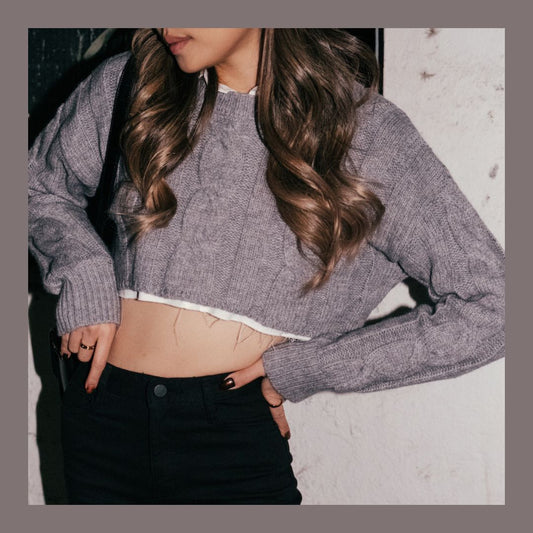 Basic Cable Knit Cropped Sweater - Grey / Black