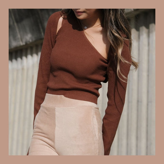 [ New Colour! ] One Shoulder Two Piece Bolero Top - Choco