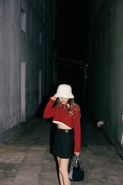 Basic Cable Knit Cropped Sweater - Red