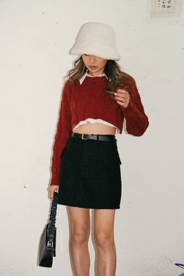 Basic Cable Knit Cropped Sweater - Red