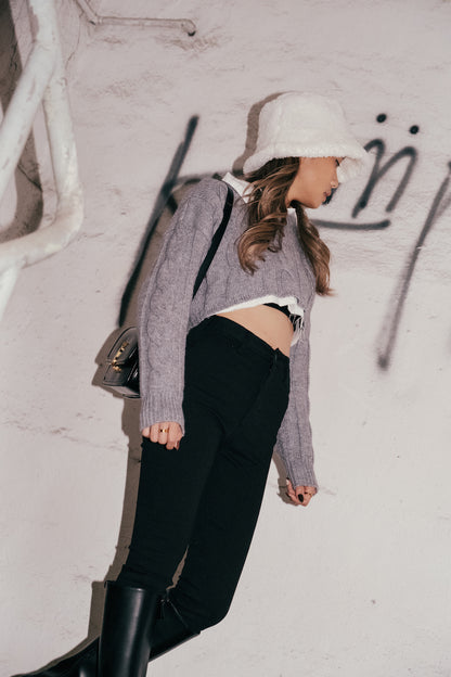 Basic Cable Knit Cropped Sweater - Grey / Black