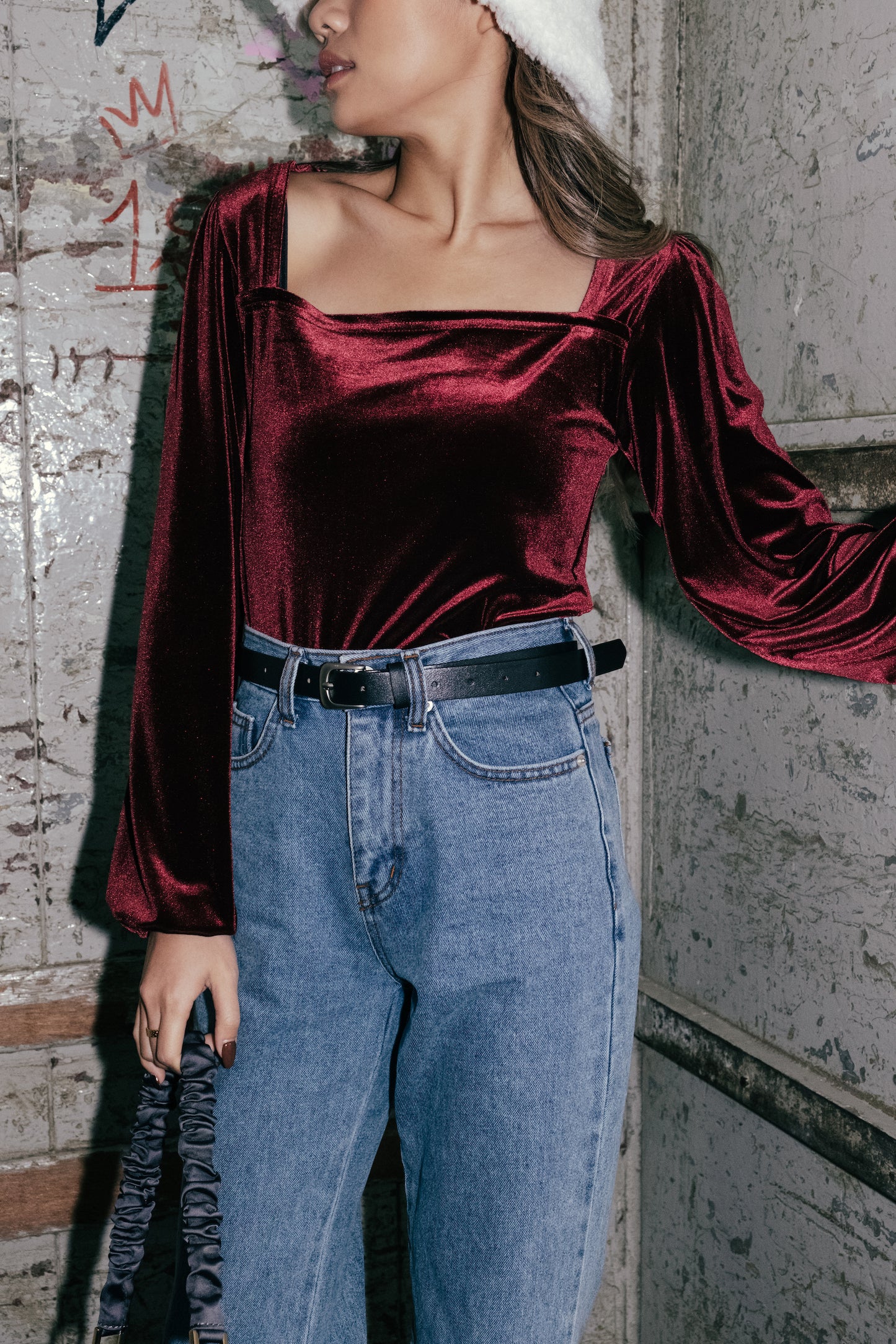 Royal Velvet Square Neck Top - Burgundy