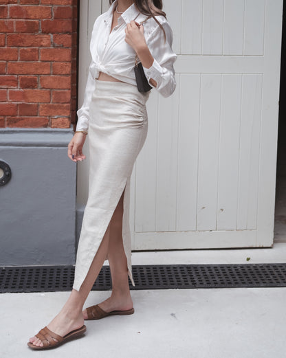 Somewhere Around Linen Midi Skirt