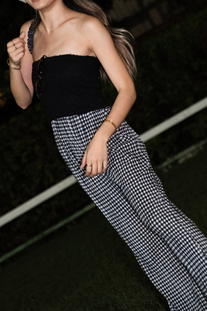 [ 與別不同的垂感休閒褲~ ] Free-flowing Super High-rise Elastic Pants - Checked Pattern