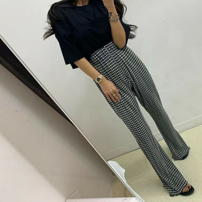 [ 與別不同的垂感休閒褲~ ] Free-flowing Super High-rise Elastic Pants - Checked Pattern