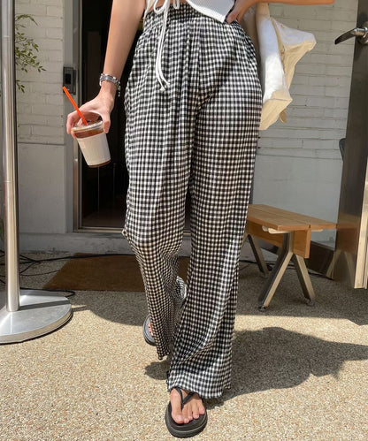 [ 與別不同的垂感休閒褲~ ] Free-flowing Super High-rise Elastic Pants - Checked Pattern