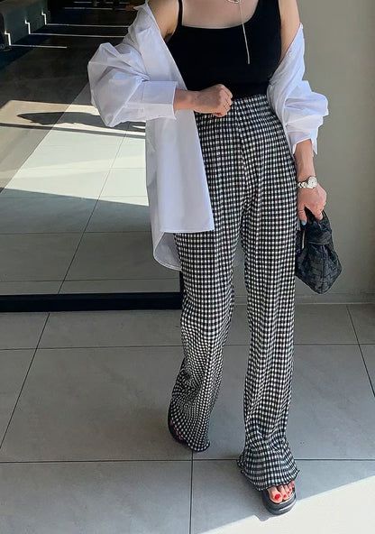 [ 與別不同的垂感休閒褲~ ] Free-flowing Super High-rise Elastic Pants - Checked Pattern