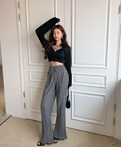 [ 與別不同的垂感休閒褲~ ] Free-flowing Super High-rise Elastic Pants - Checked Pattern
