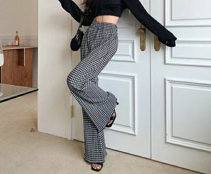[ 與別不同的垂感休閒褲~ ] Free-flowing Super High-rise Elastic Pants - Checked Pattern