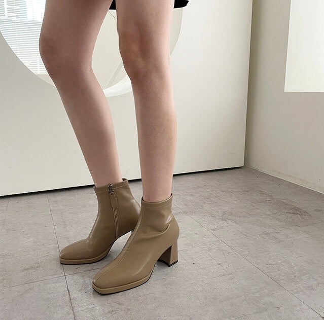 Glassy High Heel Ankle Boots - Beige