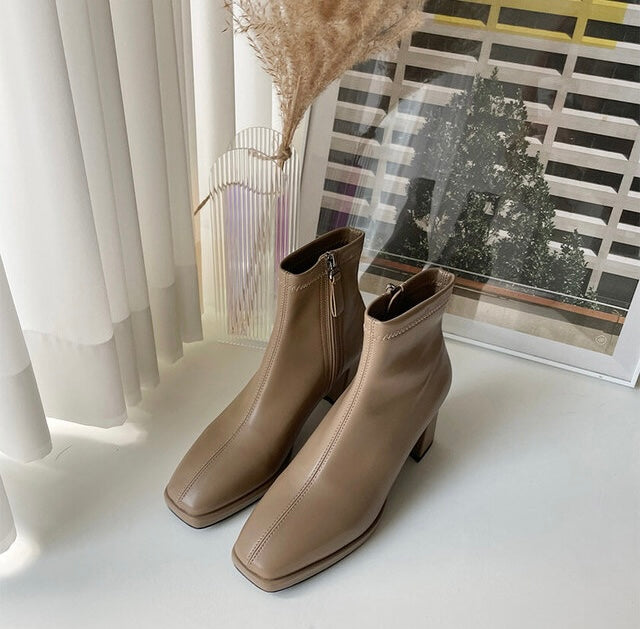 Glassy High Heel Ankle Boots - Beige