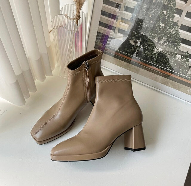 Glassy High Heel Ankle Boots - Beige