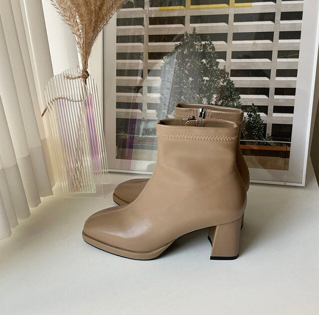 Glassy High Heel Ankle Boots - Beige