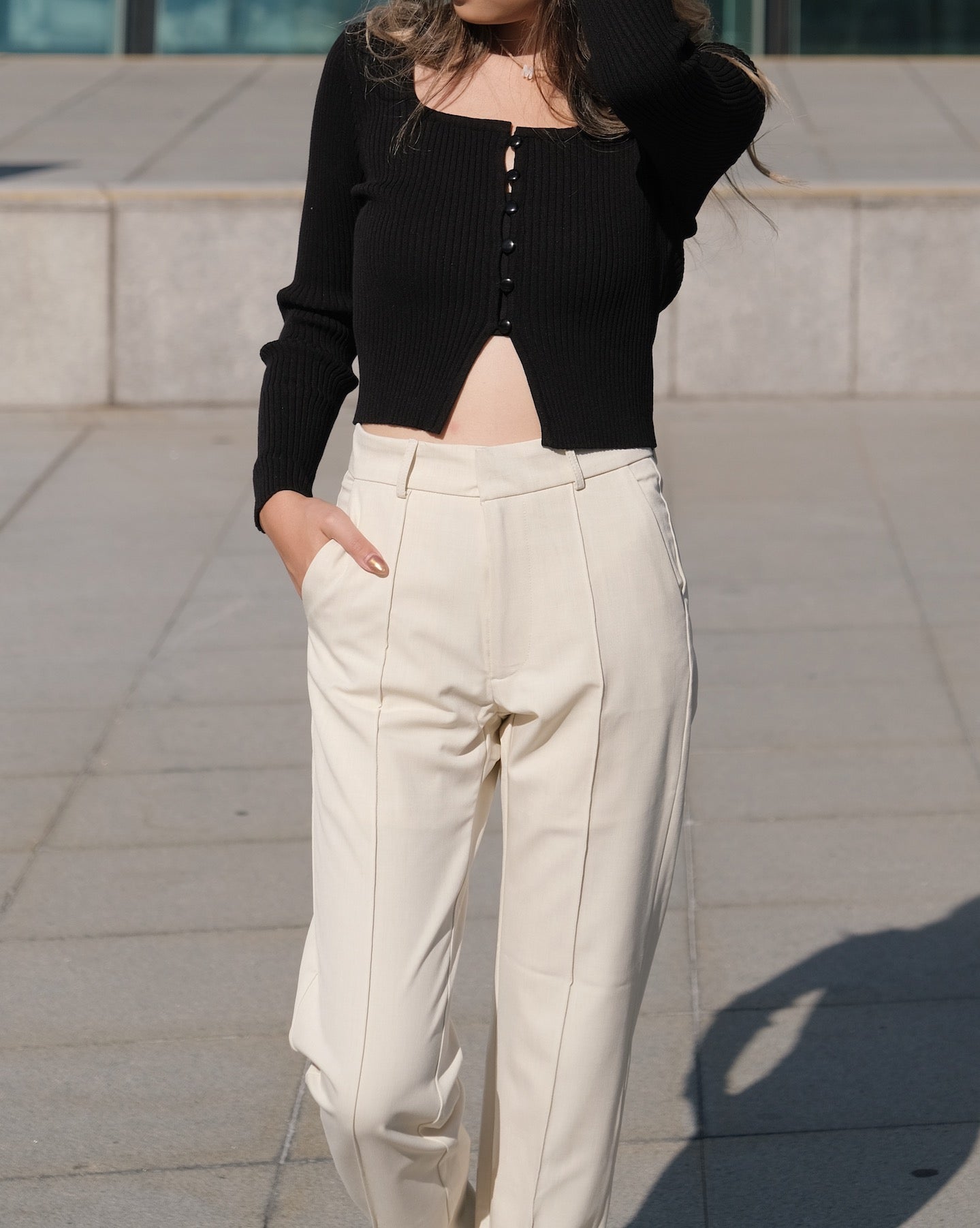 [ New Colour! ] Stripes High-waist Slacks - Ivory