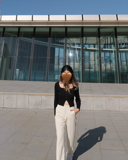 [ New Colour! ] Stripes High-waist Slacks - Ivory