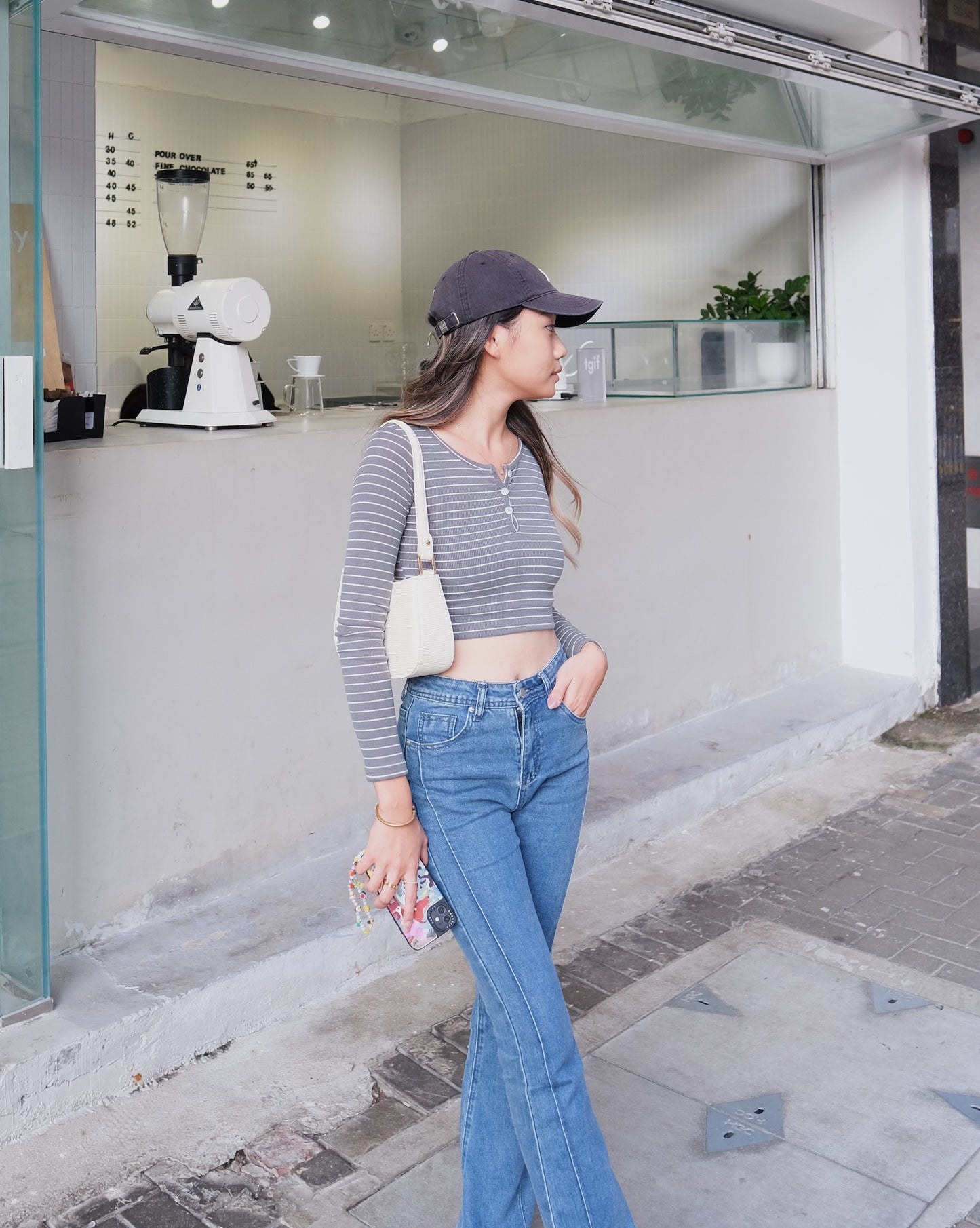 Button Up Stripes Skinny Top - Green Grey