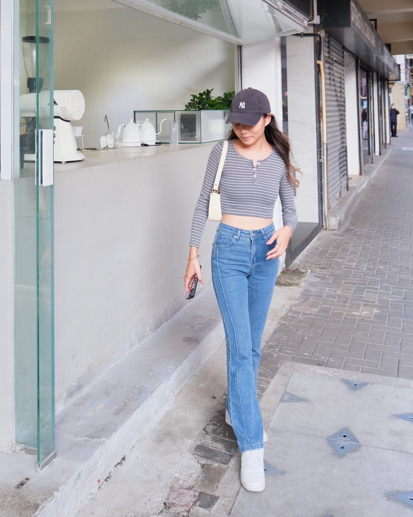 Button Up Stripes Skinny Top - Green Grey