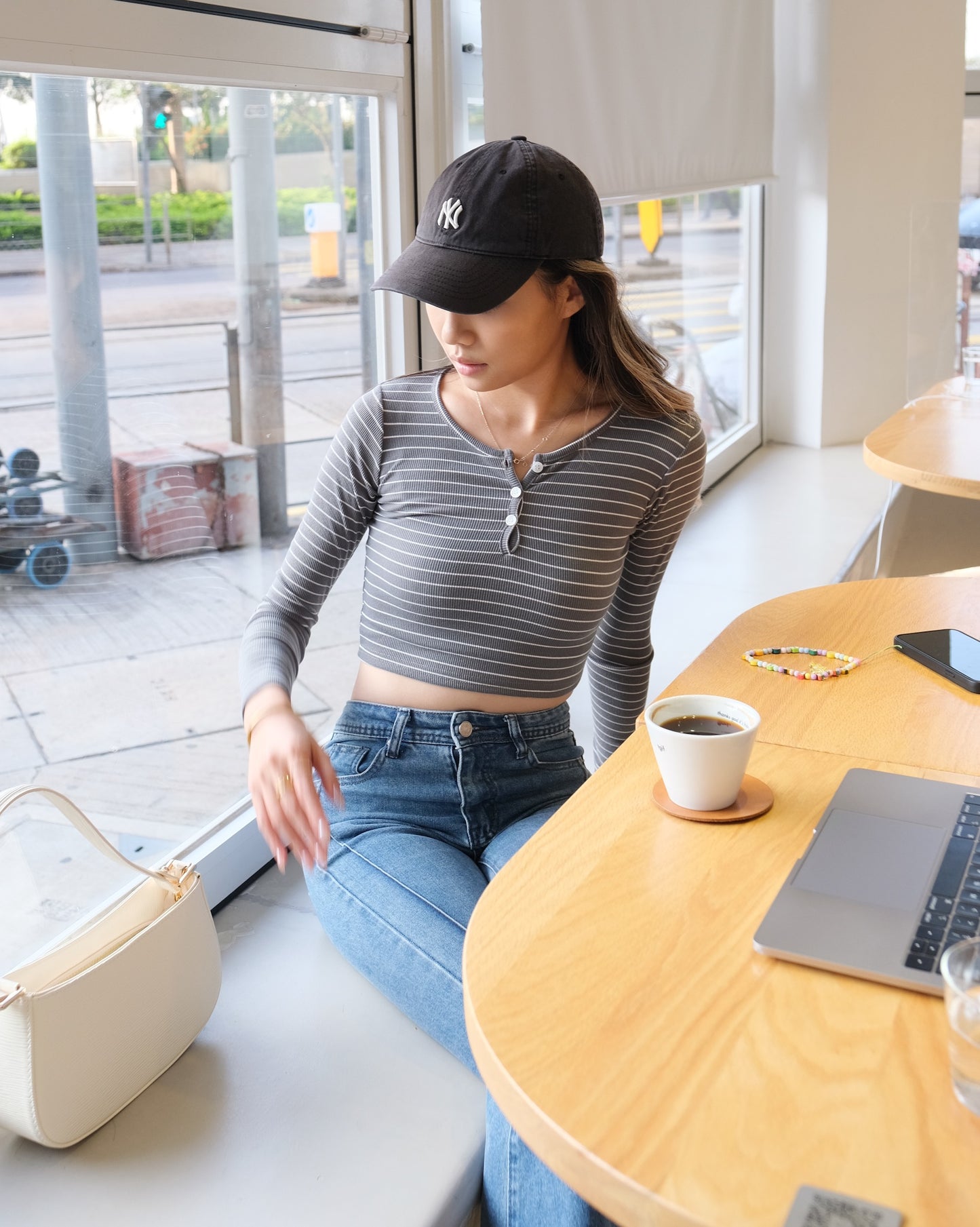 Button Up Stripes Skinny Top - Green Grey