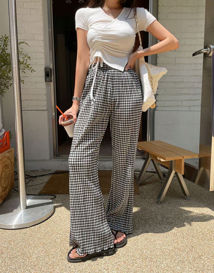 [ 與別不同的垂感休閒褲~ ] Free-flowing Super High-rise Elastic Pants - Checked Pattern