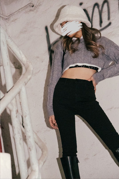 Basic Cable Knit Cropped Sweater - Grey / Black