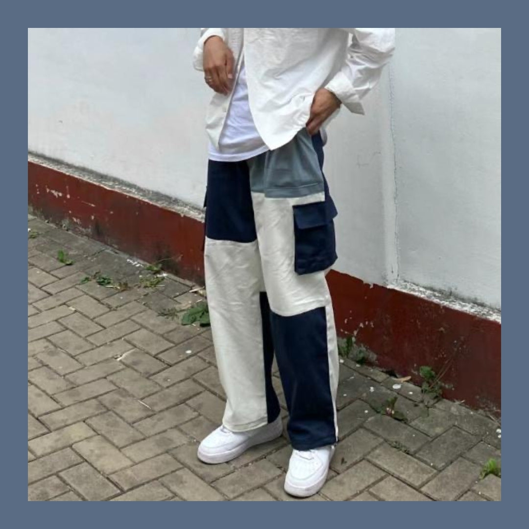 Sewing Piecing Straight Pants - Navy/White